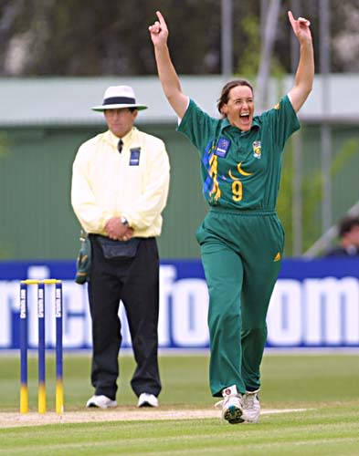 Helen Davies celebrates after bowling Charlotte Edwards
