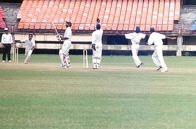 V Bharadwaj is dejected after being bowled by M Suresh Kumar