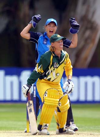 Jane Cassar shows delight as England's captain bowled Joanne Broadbent for 10