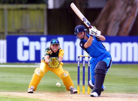 Claire Taylor before she was dismissed just short of a half century on 45. Australian wicket keeper Julia Price is behind.