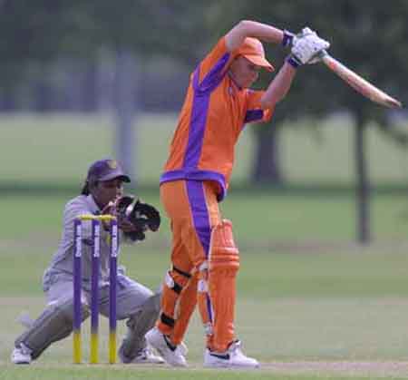 Netherland's Sandra Kottman drives in the game at Hagley Oval against Sri Lanka