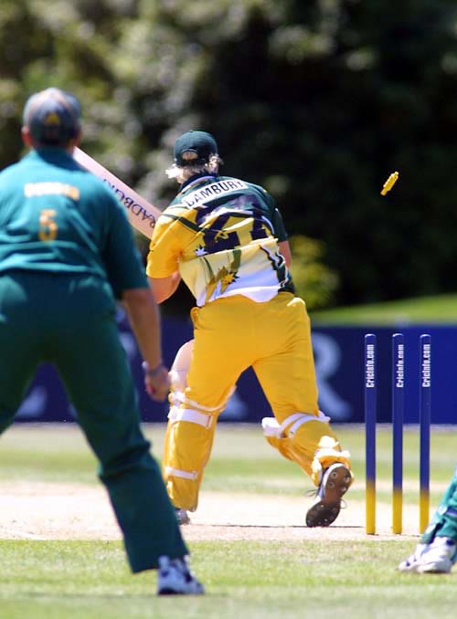 The only Australian wicket to fall - Cherie Bambury is bowled by Yulandi van der Merwe