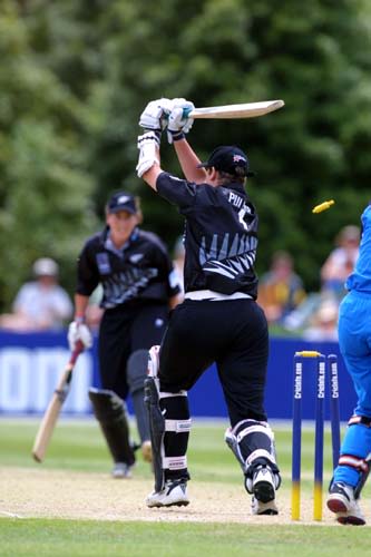New Zealand's Rachel Pullar is bowled by Reynard