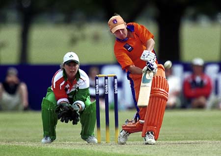 Dutch keeper Milburn in her innings of 71