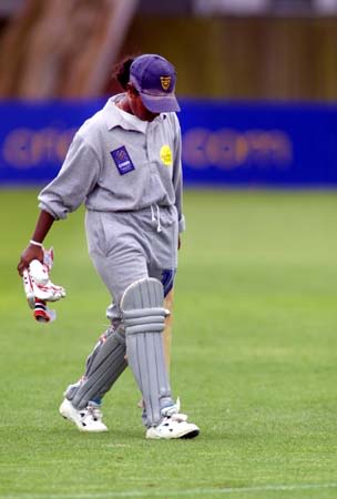 Thanuja Ekanayake walks back to the players tent during her innings of 89 all out