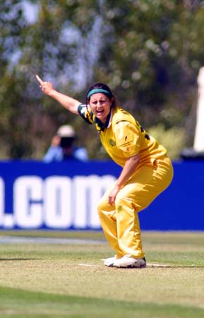 Australian bowler Olivia Magno takes the wicket of Daleen Terblanche for lbw