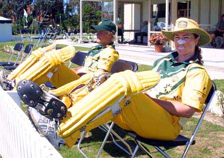 Karen Rolton waits along with Cherie Bambury for their turn to bat