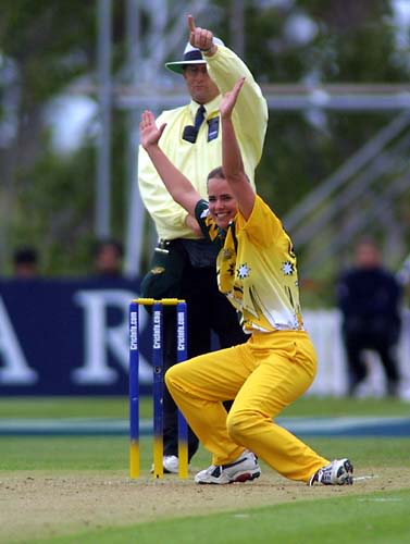 Australian bowler Avril Fahey celebrates the lbw decision by umpire Dave Quested to dismiss Debbie Hockley