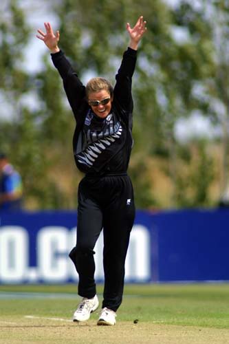 New Zealand bowler Catherine Campbell celebrates dismissing Zoe Goss