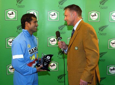 Tendulkar is interviewed by Gavin Larsen after receiving the man of the match award. Super Max International: New Zealand v India at Christchurch, 4 Dec 2002