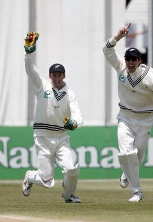 Hart and Fleming celebrate the dismissal of Ganguly. 1st Test: New Zealand v India at Wellington, 12-16 Dec 2002