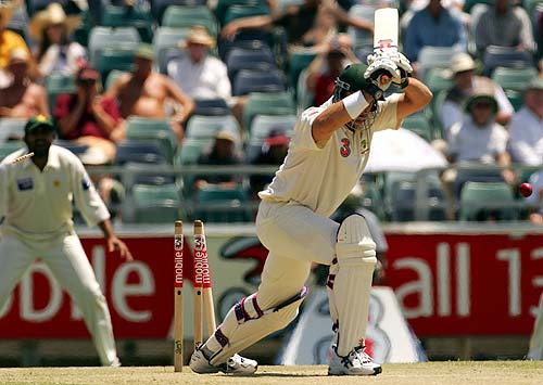 Matthew Hayden shoulders arms as his stumps are rattled