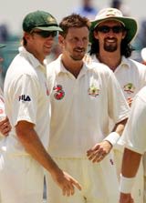Glenn McGrath, Jason Gillespie and Michael Kasprowicz are all smiles