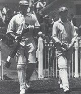 Alan Kippax (right) and Hal Hooker resume their partnership at the MCG, December 1928. They added a record 307 for the last New South Wales wicket